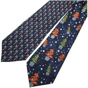 2 Christmas Neckties Candy Canes Xmas Tress Snowflake Holiday Ties Navy Blue